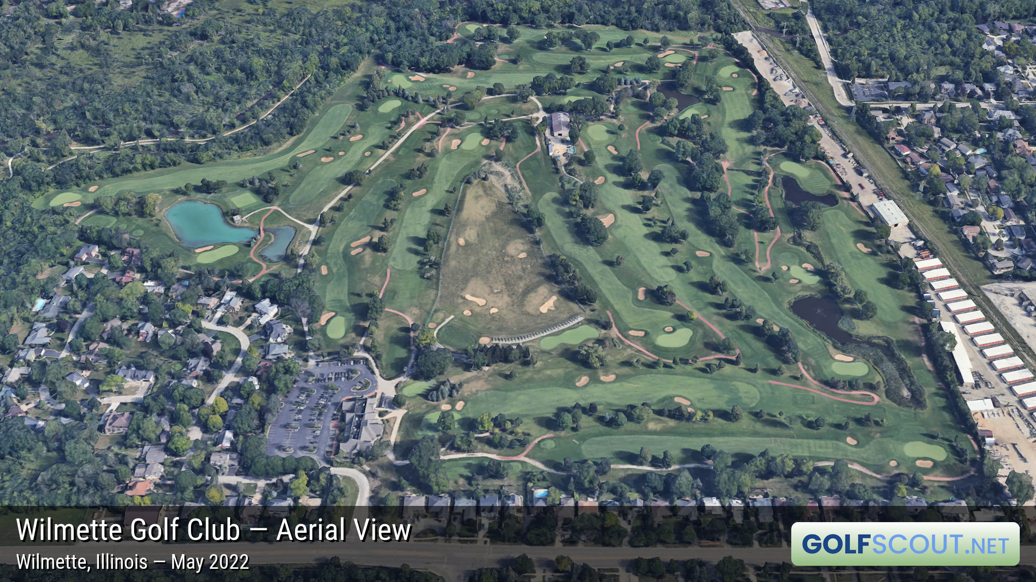 Aerial satellite imagery of Wilmette Golf Club in Wilmette, Illinois. Google Earth oblique imagery of Wilmette Golf Club. Image owned by Google.