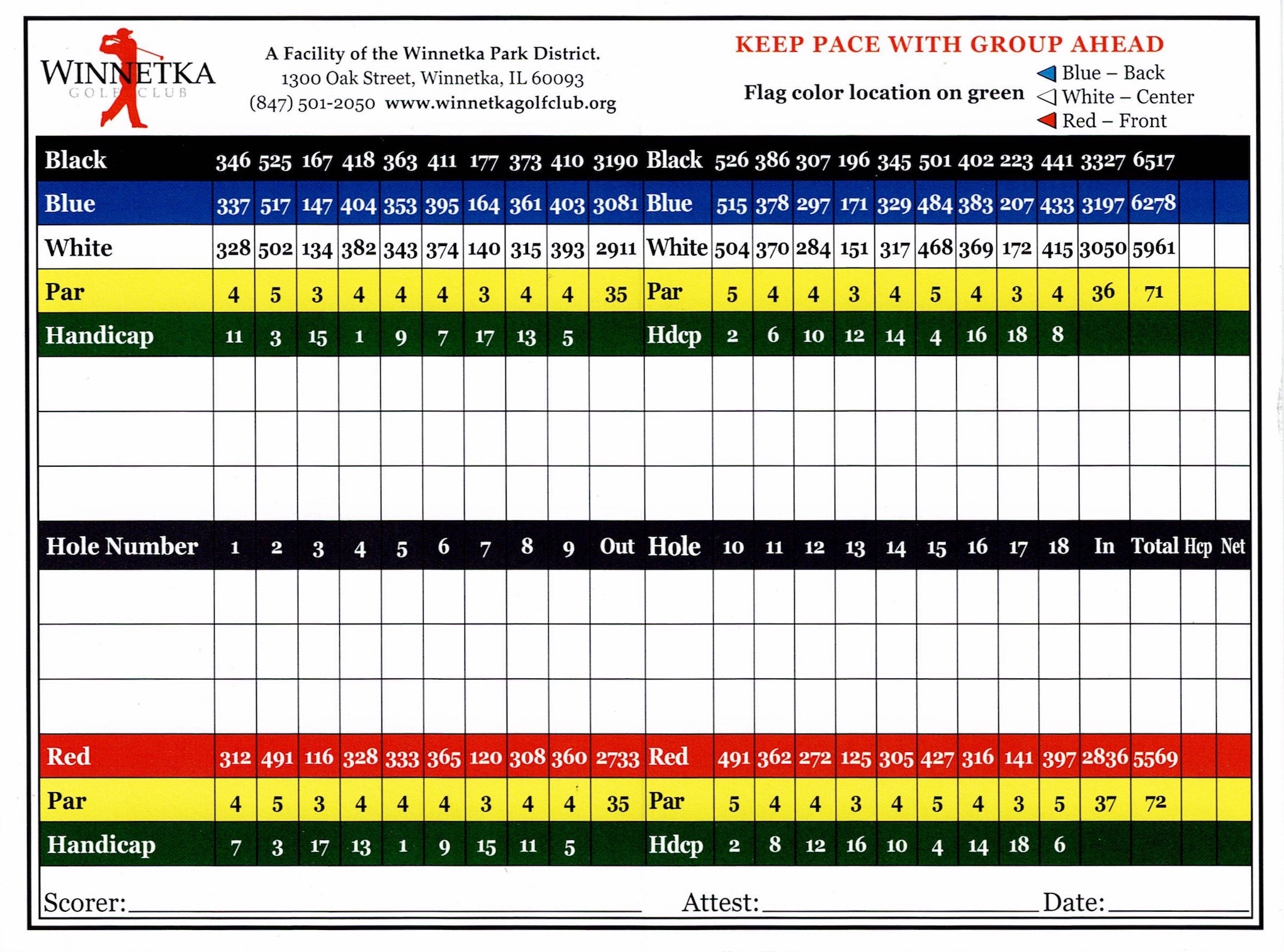 Scan of the scorecard from Winnetka Golf Club in Winnetka, Illinois. 