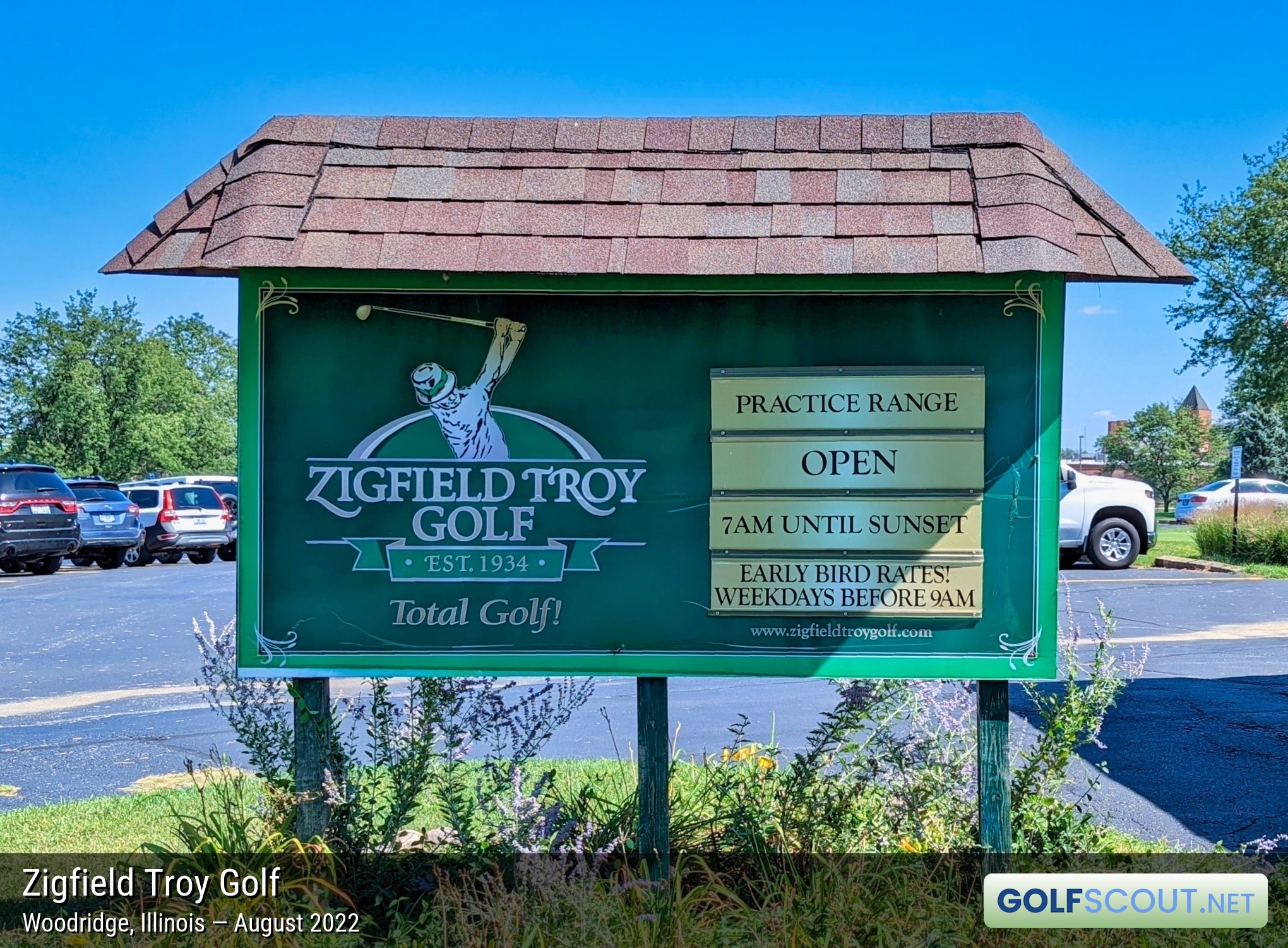 Sign at the entrance to Zigfield Troy Golf
