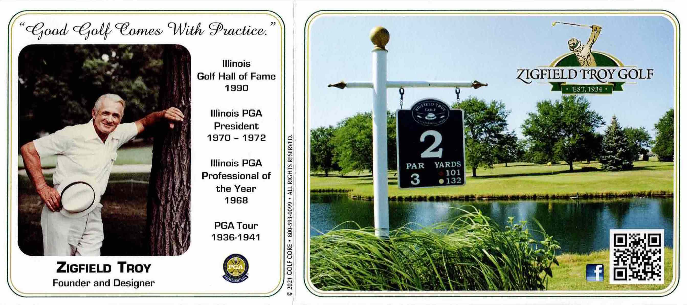 Scan of the scorecard from Zigfield Troy Golf in Woodridge, Illinois. 