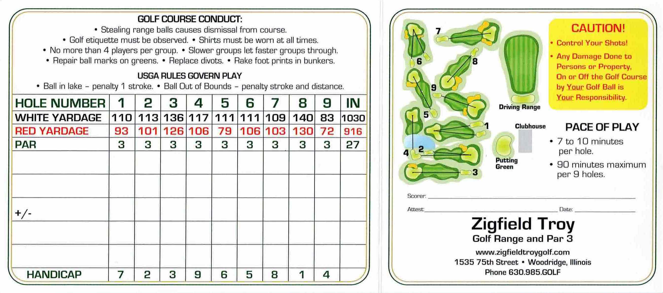 Scan of the scorecard from Zigfield Troy Golf in Woodridge, Illinois. 